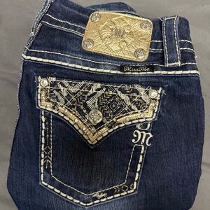 Miss Me Blue and Gold Boot Cut Jeans with Ornate Embellishments